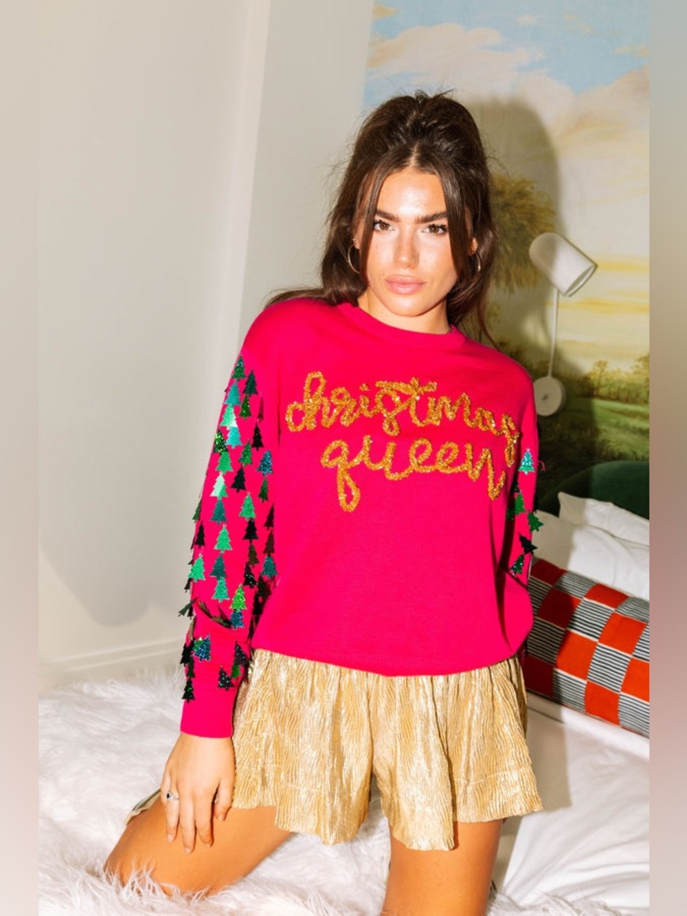 Queen of Sparkles Christmas Queen Pink Tree Tassel Sweater Women’s Party Holiday